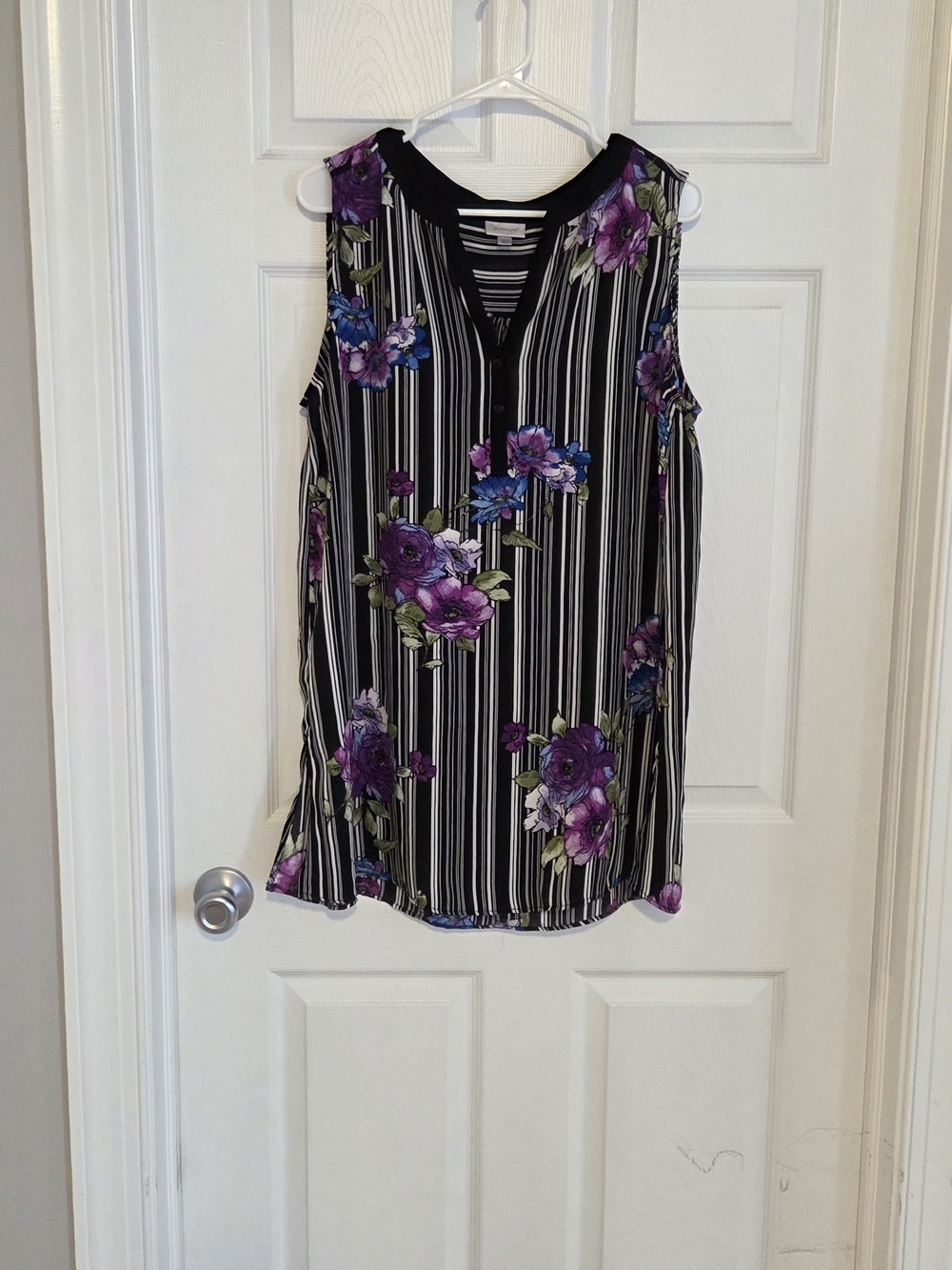 Avenue Black Striped Sleeveless Camisole with Purple Floral Print